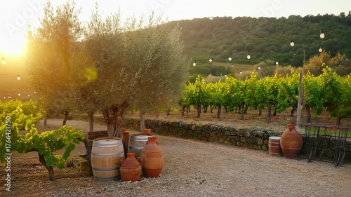 Picturesque Vineyard at Sunset with Olive Tree and Wine Barrels Serene Atmosphere