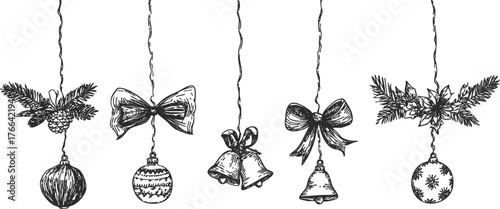 Vintage ink hand drawn Christmas sketchy ornaments with pine branches, bows, and bells. Detailed festive engraving for holiday design.