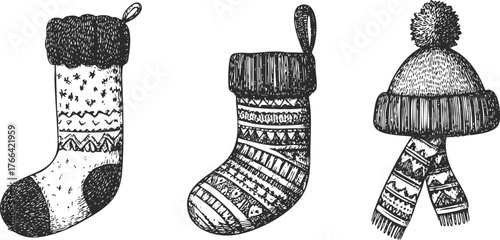 Vintage hand drawn illustration of Christmas socks and knitted winter hat. Retro engraving festive clipart.