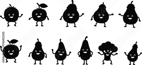 Cartoon fruits and vegetables with smiling faces, fun healthy food characters, kids nutrition illustration, playful produce icons for education