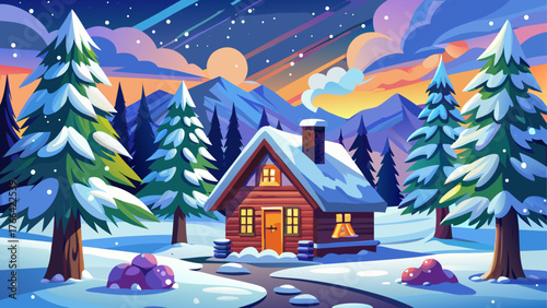 Vector scene of snowy forest with Christmas cabin, decorated pine tree outside, cloudy sky, no sunlight, calm peaceful winter day, realistic atmosphere, detailed snow texture, cozy mood