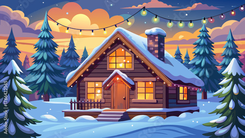 Realistic vector of cozy wooden cabin surrounded by pine trees decorated with Christmas lights, snowy landscape, cloudy winter sky, no sunlight, calm festive atmosphere