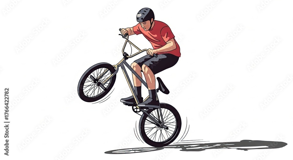 Naklejka premium BMX Rider Performing Wheelie Stunt on Bicycle Against White Background.