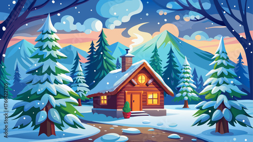 Vector scene of snowy forest with Christmas cabin, decorated pine tree outside, cloudy sky, no sunlight, calm peaceful winter day, realistic atmosphere, detailed snow texture, cozy mood