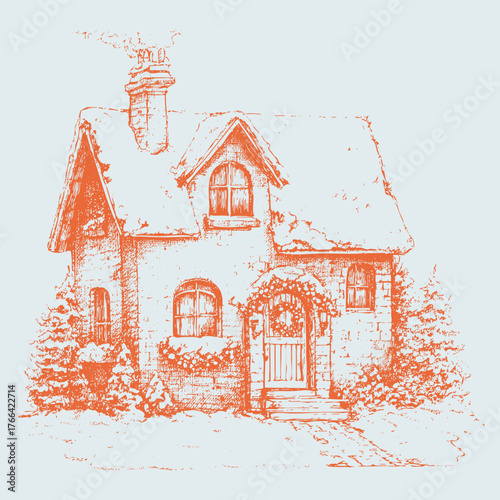 Rustic orange engraving of snowy cottage with arched door and festive details, warm vintage holiday art.