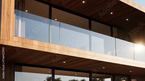 Modern Brown Wooden House Exterior with Glass Balcony Under Clear Blue Sky on Sunny Day Modern Architecture Minimalist Design and Clean Lines Architecture