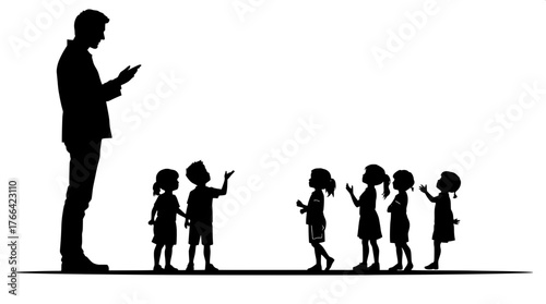Teaching Moment

A black and white silhouette showing an adult figure with a group of children in front of them, as if explaining or teaching. The children are in mixed poses—some listening, some gest