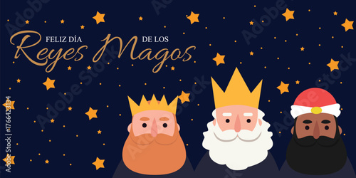 Three Kings Day Vector Illustration, Feliz Dia de Los Reyes Magos