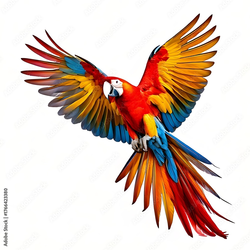 Fototapeta premium A vibrant macaw, wings spread, in mid-flight against white background