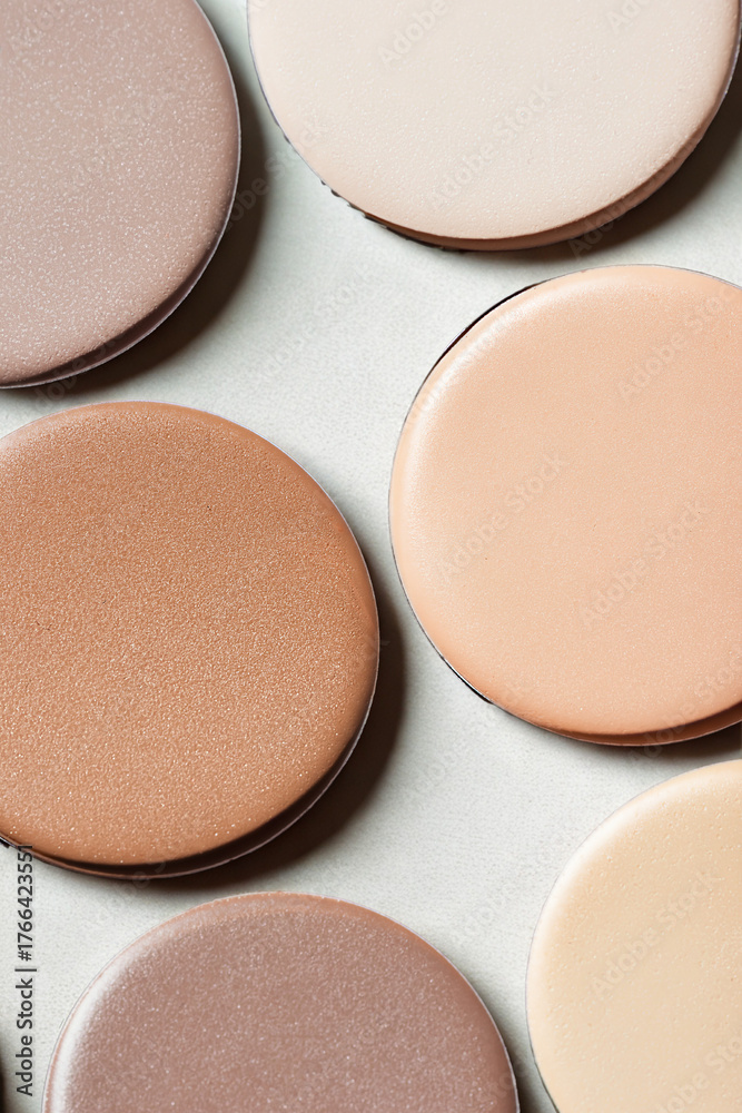 Fototapeta premium Close up of makeup palette with various shades of foundation and blush