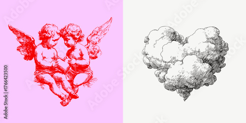 Cute two cherub angels holding heart and detailed cloud heart illustration. Elegant romantic pencil line artwork for wedding invitations, classic poster design.