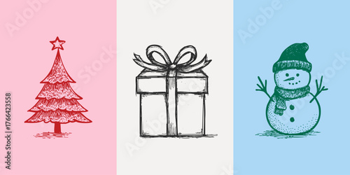 Minimal holiday icons set. Christmas tree, gift, snowman. Pencil drawn sketch winter illustrations for greeting cards and packaging.