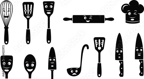 Cartoon kitchen utensils, cooking tools with faces, anthropomorphic cookware, playful kitchen design, smiling utensils, culinary illustration, children artwork, food concept, kitchen art