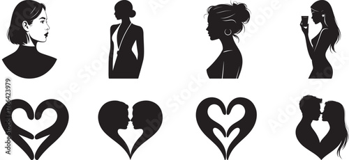 Vector silhouette illustration set of women's faces and profiles with couple and heart designs for love, romance, and wedding themes