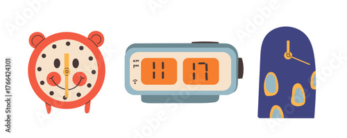 Set of various clocks and watches in cute flat hand drawn style, vector illustration isolated on white background. Concepts of time management and deadline. Hourglass, smartwatch, dial watch.