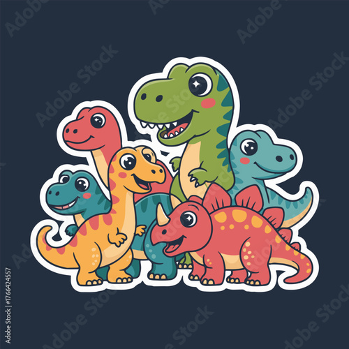 A group of cartoon dinosaurs of different colors standing together on a dark blue background sticker art