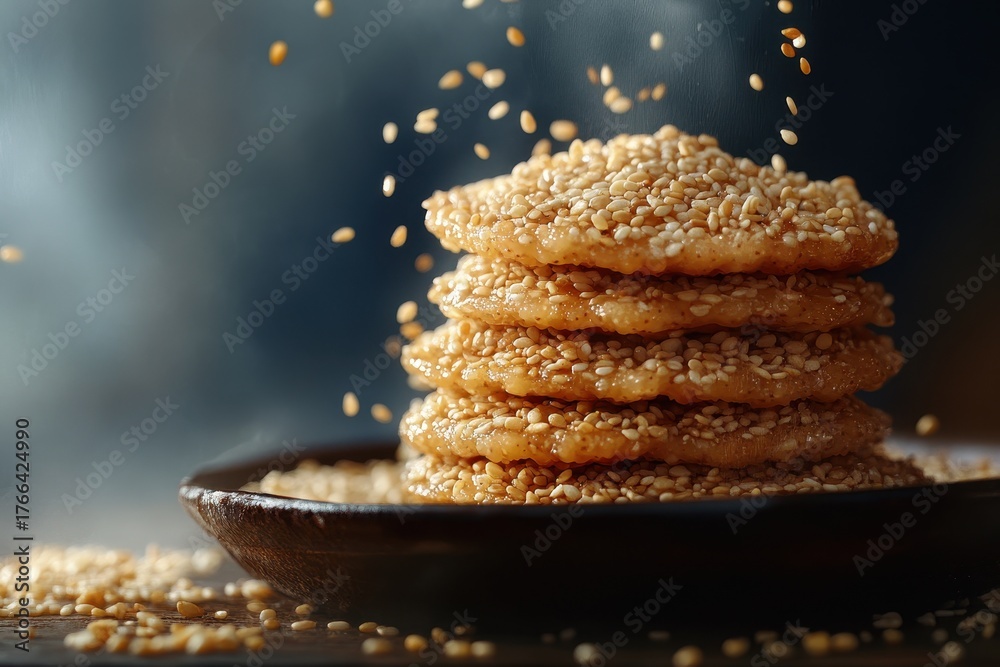 custom made wallpaper toronto digitalToasted sesame seeds piled atop sweet cookies on a rustic wooden plate, showcasing a delightful culinary treat in a warm kitchen environment