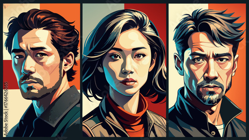 Very beautiful, 6 avatars in grid layout, hand-drawn illustration style, solid black ink like rapidograph pen, young adults (20–30 years old), mix of male and female, diverse hairstyles, monochrome 