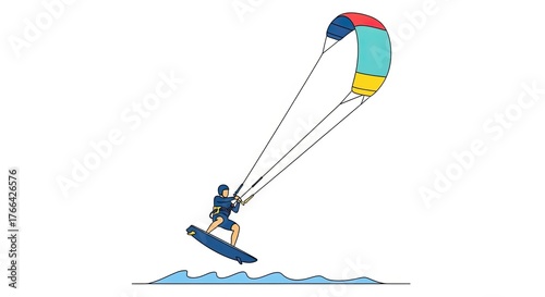 Kitesurfer riding a wave with a colorful kite.