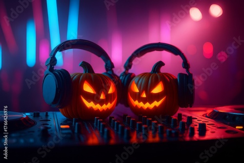 Halloween disco pumpkins with headphones glowing under colorful party lights, creating a vibrant and festive nightclub atmosphere