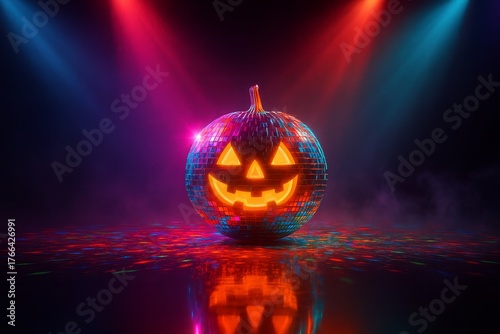 Halloween disco pumpkins with headphones glowing under colorful party lights, creating a vibrant and festive nightclub atmosphere