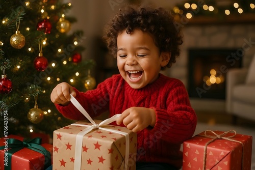 A joyful child in a red sweater laughs with pure excitement while unwrapping a Christmas present under a decorated tree