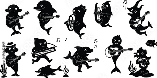 Cartoon sea creature silhouettes playing instruments, aquatic animal band, whimsical music illustration, fantasy artwork, marine life entertainment, creative children’s design