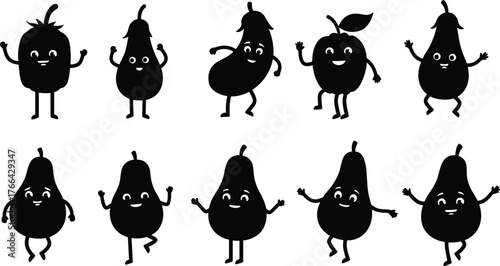 Cartoon silhouettes of fruits and vegetables, expressive food characters, fun healthy eating icons, kids nutrition illustration, playful produce design