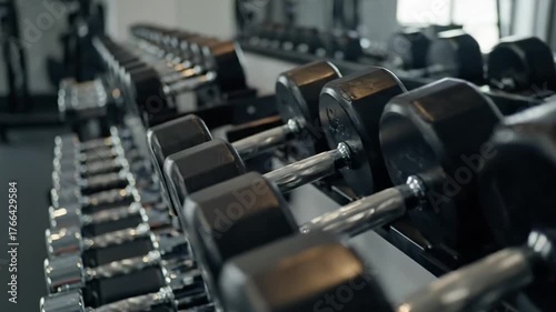 Black Dumbbells in a Fitness Center on a Rack with Silver Bars and White Walls under Soft Lighting Strength Training