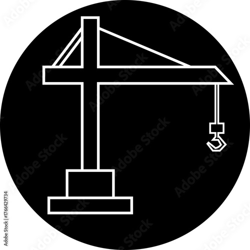 Crane icon in line design. Construction equipment silhouette, heavy lifting industrial machinery symbol and building site engineering tool vector illustration isolated on transparent background.