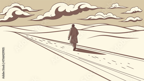 Lone figure walking down a long empty road in a desolate landscape under dramatic clouds