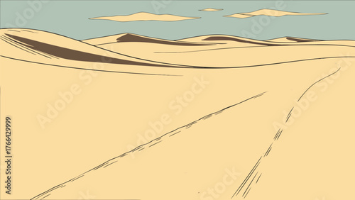 Expansive desert landscape with rolling sand dunes and a winding track under a pale blue sky