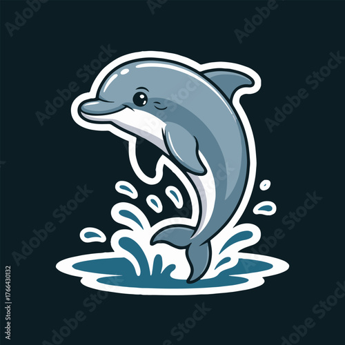 A cartoon dolphin leaping out of the water with a white outline against a dark blue background