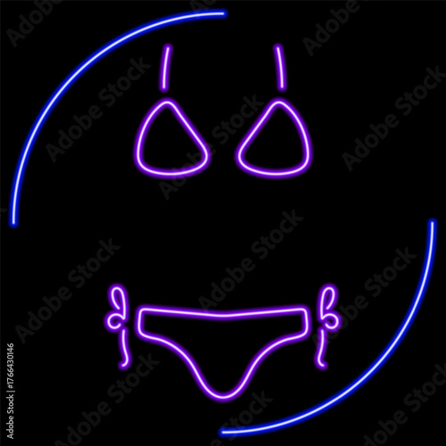 swimsuit neon sign, modern glowing banner design, colorful modern design trend on black background. Vector illustration.