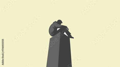Silhouette of a couple embracing and kissing on a tall pedestal against a soft yellow background