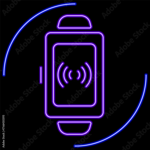 smart watch neon sign, modern glowing banner design, colorful modern design trend on black background. Vector illustration.