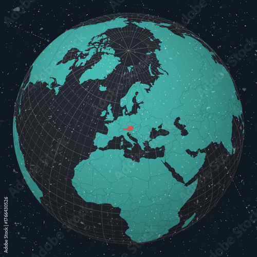 Austria on Globe. Vintage look with grunge scratched texture. Country view on world map in Dark Charcoal Turquoise color palette. Austria shape on map. Globe with meridians and parallels.
