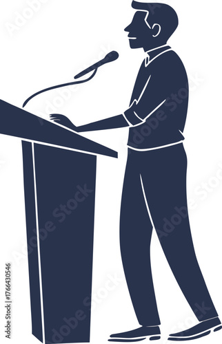 Silhouette of a man speaking at a podium with a microphone in a modern minimalist style