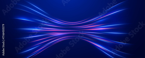 Dynamic blue and red light streaks bending into an X shape