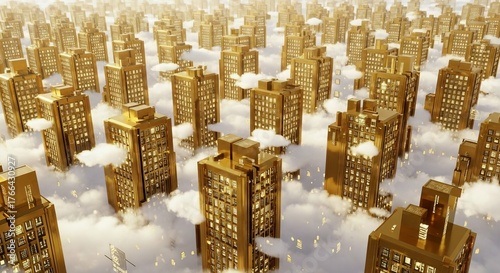 Golden skyscrapers rise above clouds in a dreamlike city