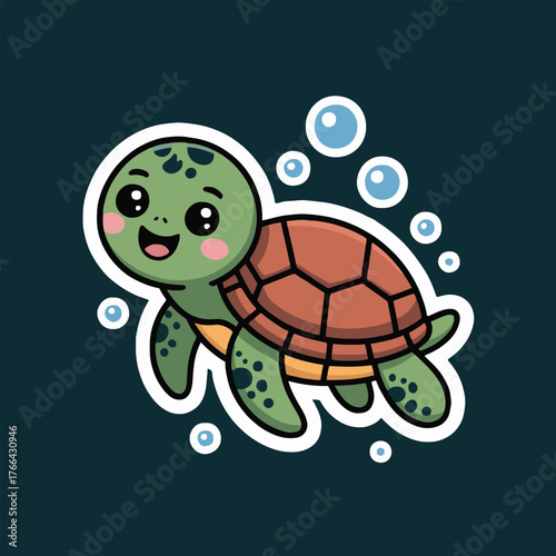 Illustration of a cartoon turtle with a brown shell swimming among bubbles on a dark background