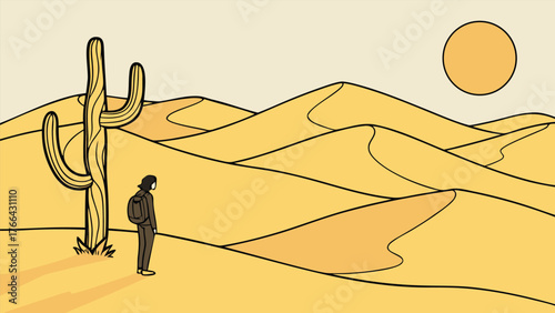 Solitary figure stands in vast desert landscape with saguaro cactus and sun