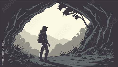 Lone hiker stands at the entrance of a dark forest looking out at a misty mountain landscape
