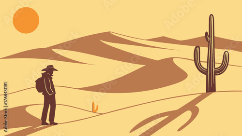 Lone cowboy stands in vast desert landscape with saguaro cactus under a bright sun