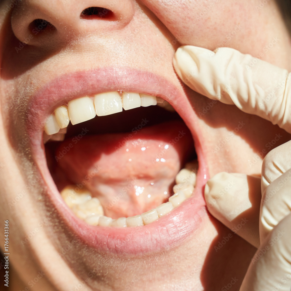 Fototapeta premium Close-up of female patients open mouth with gloved hand during oral examination for dental health check-up.