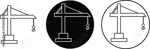 Crane icons set in line design. Construction equipment silhouette, heavy lifting industrial machinery symbol and building site engineering tool vectors illustration isolated on transparent background.