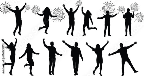 Celebration silhouettes, people dancing, festive poses, fireworks illustration, joyful movement, party artwork, happiness theme, dynamic figures, festival lifestyle design