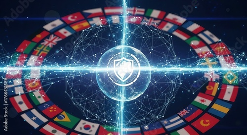 Global network security shield protected by international flags