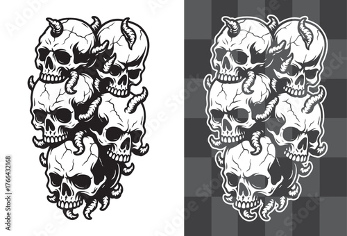Stacked Human Skulls Vector Illustration in Horror Gothic Style Detailed Bone Texture Design Perfect for Tattoos Stickers Posters Metal Album Covers and Dark Fantasy Vector Graphic Design Artwork