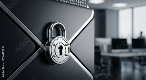 Padlock securing a server rack in a modern office data center